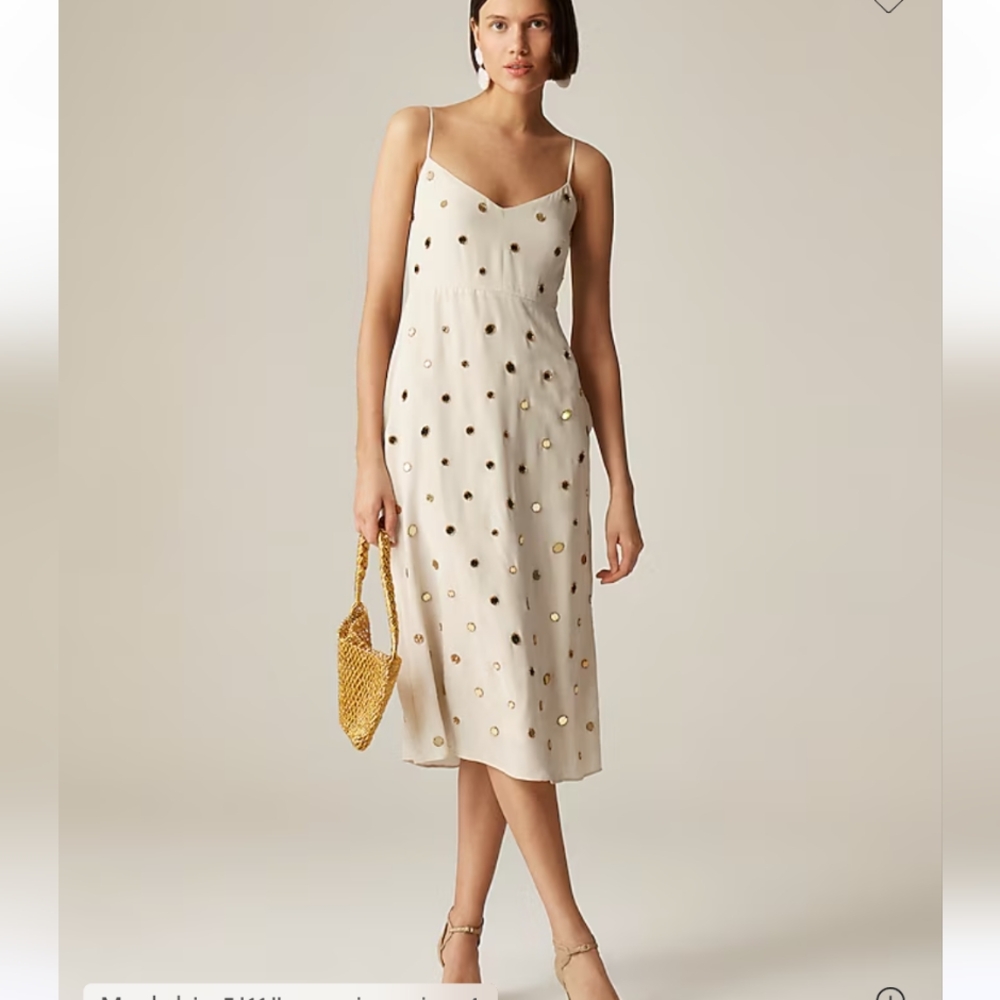 J. Crew Cream Slip Midi Dress with Gold Dot Embellishments